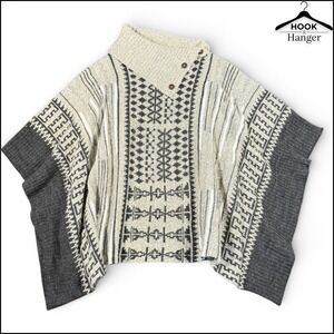 Yaira Sweater Poncho O/S Cream Geometric Boho Button TurtleNeck Tribal Pullover